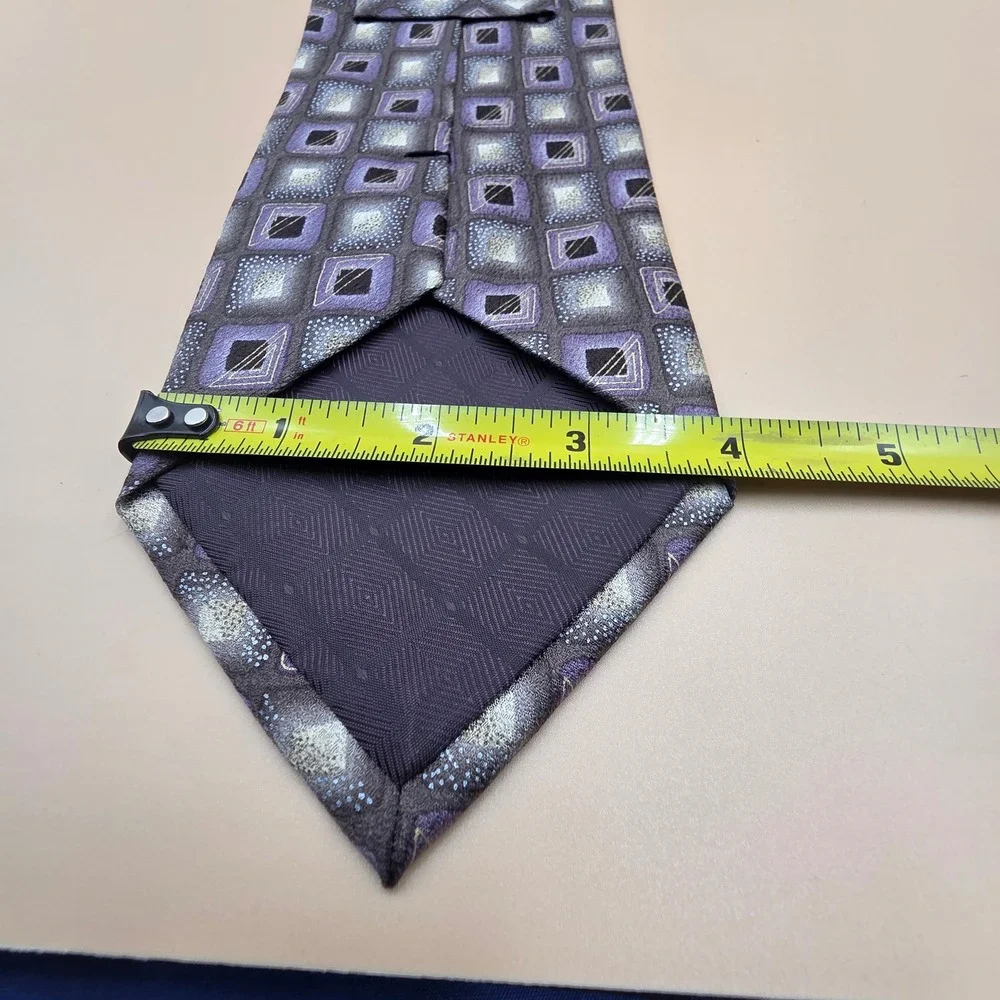 Enrico Guccini Mens Silk Tie Purple Grey Geometric Square Pattern Handmade 4